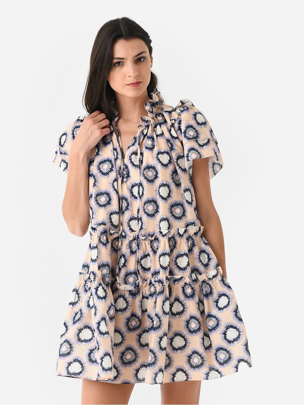 Hunter Bell Merritt Dress short sleeve v neck cream blue print